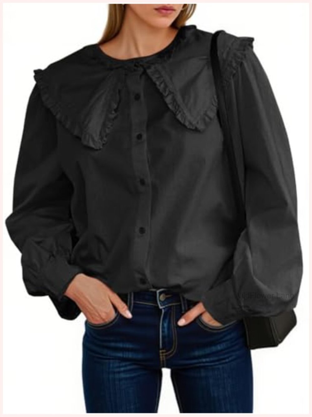 Womens Peter Pan Collar Button Down Long Sleeve Blouse Loose Fit Casual